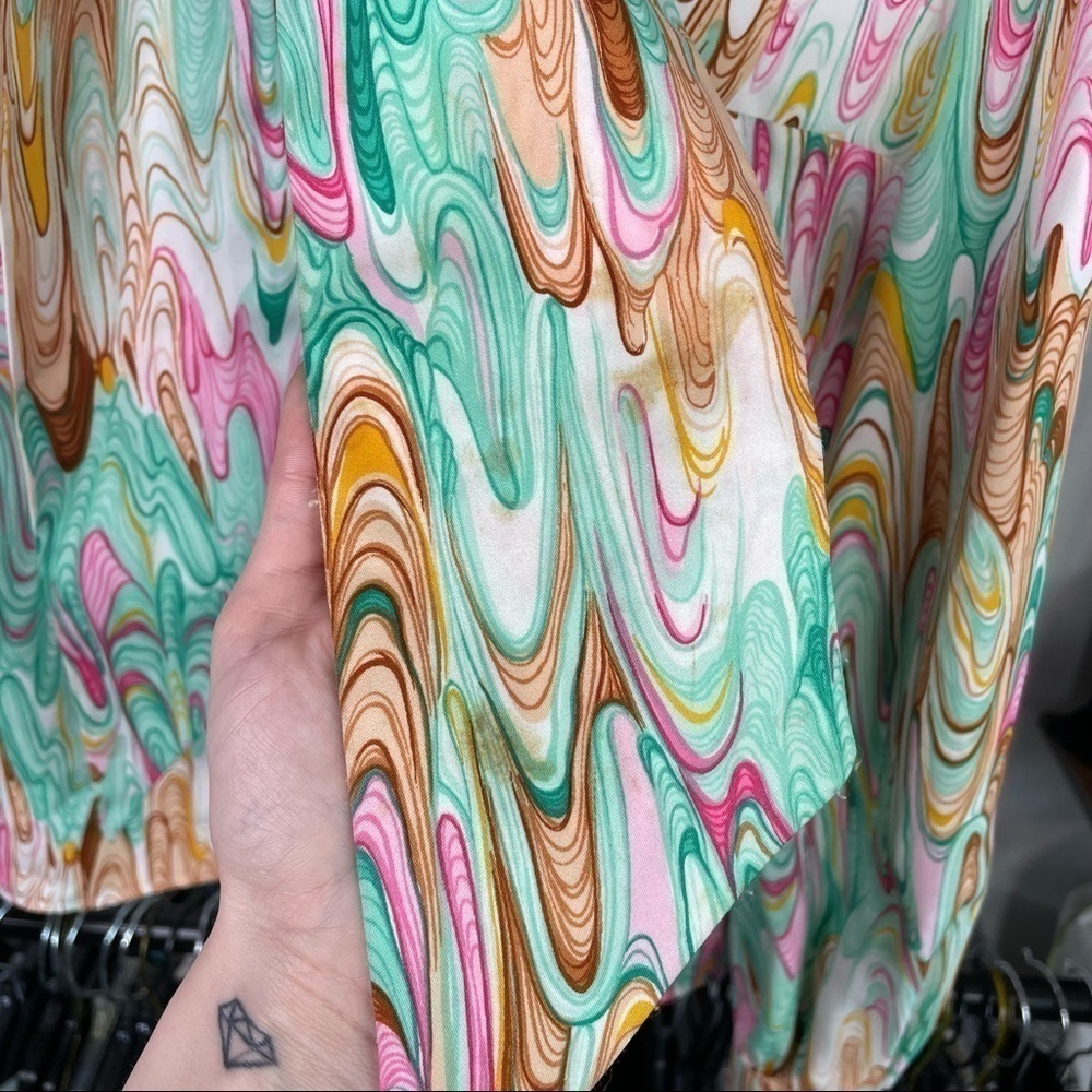 Vintage Retro 70s Watercolor Oil Spill Bow Disco Shirt - Picture 3 of 6